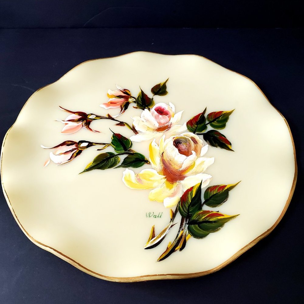 Unique Rare Find! Vintage Artist Resin Ruffled Decor Plate Hand Painted Roses